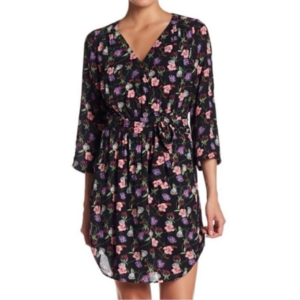 DR2 Black Roll Tab Sleeve Pink & Purple Floral Surplice Mini Dress Size S